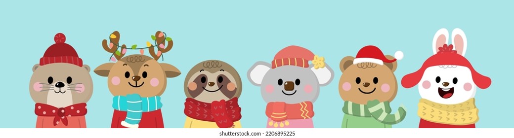 Cute rabbit, koala, bear, deer, otter and sloth in winter costume. Wildlife animal in Christmas holidays. -Vector