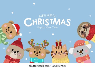 Cute rabbit, koala, bear, deer, otter and sloth in winter costume. Wildlife animal in Christmas holidays. -Vector