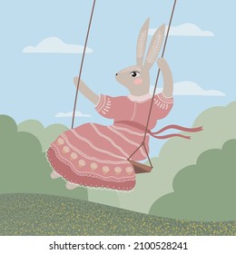 A cute rabbit in a lace dress is swinging on a swing. Children's illustration, for greeting cards, books, children's design