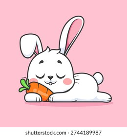 Cute Rabbit Lay On Carrot Cartoon Vector Icon Illustration. Animal Food Icon Concept Isolated Premium Vector. Flat Cartoon Style
