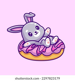 Cute Rabbit Lay On Donut Cartoon Vector Icon Illustration. Animal Food Icon Concept Isolated Premium Vector. Flat Cartoon Style