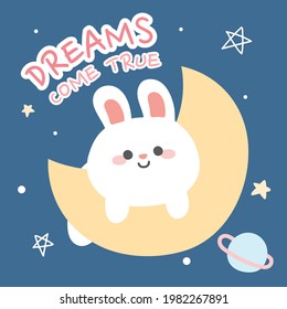 Cute rabbit laying on the moon.Cartoon character design.Animal hand drawn.Isolated.Image for kid product,sticker,card,banner,wallpaper,background.Kawaii.Star.Vector.Illustration.Illustrator.