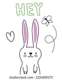 Cute rabbit with lazy day text in cartoon doodle style. Design of a children card with bunny. Poster template for the nursery. Vector illustration. EPS