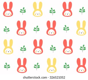 Cute rabbit with leaf design on white background pattern seamless backdrop wallpaper. Vector image