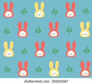 Cute rabbit with leaf design on blue background pattern seamless backdrop wallpaper. Vector image