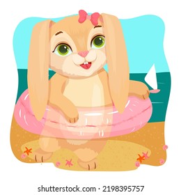 Cute Rabbit is learning to swim. Summer fun on the beach. Cheerful Bunny. Vector illustration on a white background.