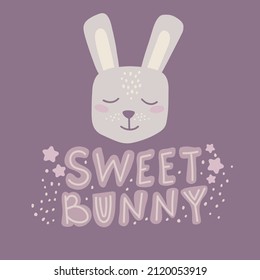 Cute rabbit with lettering sweet bunny on a violet background. Concept for baby shower and gender party. Baby reveal. Ready to print on a baby bodysuits, rompers, t-shirts and other clothes. 