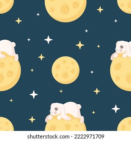 A cute rabbit lies on the moon. Seamless vector pattern.