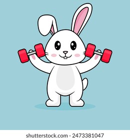 Cute Rabbit Lifting Barbell. Funny cartoon Dogs. Illustration Animal Sport Isolated Flat Vector.