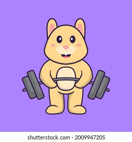 Cute rabbit lifts the barbell. Animal cartoon concept isolated. Can used for t-shirt, greeting card, invitation card or mascot.