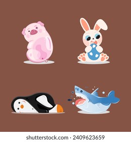 A cute rabbit in light colors with a blue egg in its paws, a pink pig, a cartoon shark with an open mouth chasing fish, and a small penguin in black and white lying on its stomach.