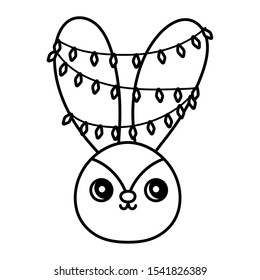 cute rabbit with lights in the ears happy christmas vector illustration thick line