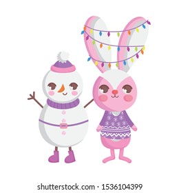 cute rabbit with lights and snowman merry christmas vector illustration