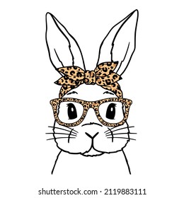 Cute Rabbit Line Art. Bunny With Leopard Bandana and glasses. Easter Bunny. Bunny sketch vector illustration. Good for posters, t shirts, postcards.