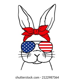 Cute Rabbit Line Art. Bunny with aviator glasses ang bandana, USA Flag print. 4th of july. Bunny sketch vector illustration. Good for posters, t shirts, postcards.