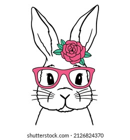 Cute Rabbit Line Art. Bunny with rose and pink glasses. Bunny sketch vector illustration. Good for posters, t shirts, postcards.