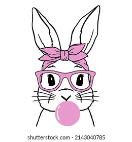 Arte de línea de conejo. Conejo con Bandana, gafas y chicle. Conejo de Pascua. Dibujo conejo de ilustración vectorial. Bueno para carteles, camisetas, postales.