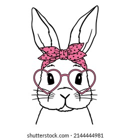 Cute Rabbit Line Art. Bunny With Bandana  and glasses. Easter Bunny. Print with hearts. Bunny sketch vector illustration. Good for posters, t shirts, postcards.