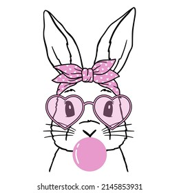 Cute Rabbit Line Art. Bunny With  Bandana, glasses and Bubble gum. Easter Bunny. Bunny sketch vector illustration. Good for posters, t shirts, postcards.