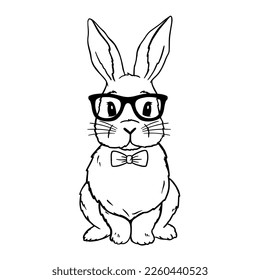 Cute Rabbit Line Art. Bunny with bowtie and glasses. Easter Bunny Boy. Bunny sketch vector illustration. Good for posters, t shirts, postcards.