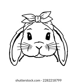 Cute Rabbit Line Art. Lop Bunny with bandana. Easter Bunny. Bunny sketch vector illustration. Coloring pages for children. Good for posters, t shirts, postcards.