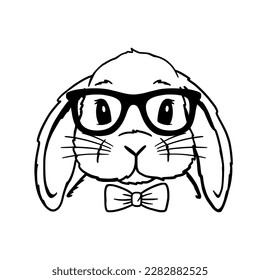 Cute Rabbit Line Art. Lop Bunny with glasses. Easter Bunny. Bunny sketch vector illustration. Good for posters, t shirts, postcards.