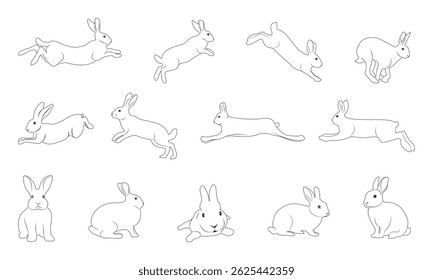 Cute rabbit line drawing shadow set. Different poses separated. Rodent mammal. Vector illustration.