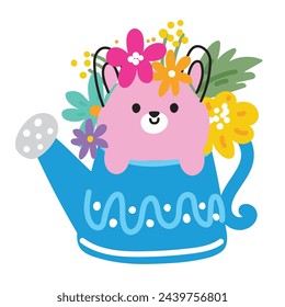 Cute rabbit line hand drawn style stay in watering plant with flower.Spring.Easter.Rodent animal character cartoon design.Baby graphic.Kawaii.Vector.Illustration.