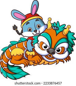 Cute rabbit with lion dance of illustration