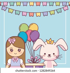 cute rabbit with little girl happy birthday card