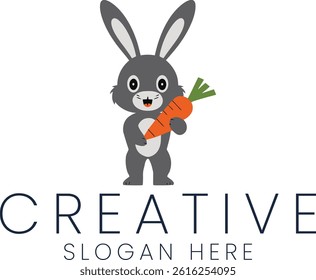 Cute rabbit logo design holding a carrot. Perfect for branding or children's products. Animal Gray