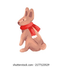Cute cute rabbit with long ears dressed in a scarf on a white background. Vector illustration
