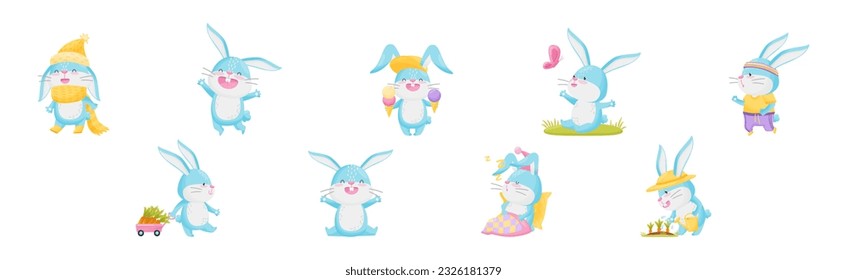 Cute Rabbit with Long Ears Engaged in Different Activities Vector Set