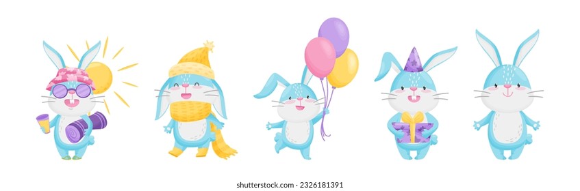 Cute Rabbit with Long Ears Engaged in Different Activities Vector Set