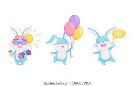 Cute Rabbit with Long Ears Greeting, Holding Bunch of Balloons and Sun Bathing Vector Set