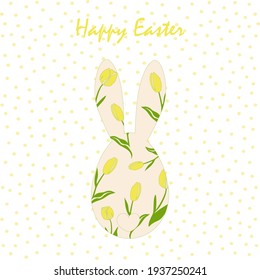 Un conejo lindo con orejas largas se sienta con la espalda en un fondo blanco con flores de tulipanes amarillos. Conejo de primavera. Solicitud para las vacaciones del Día de Pascua. Gráficos vectoriales.