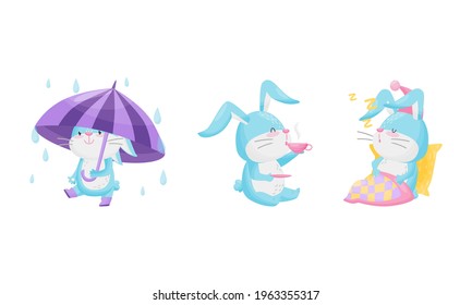 Cute Kaninchen mit langen Ohren Schlafen, Trinken von Tee und Wandern unter Umbrella-Vektorset