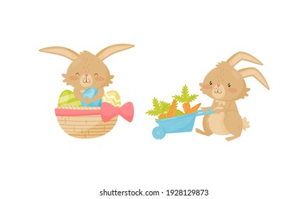 Conejo Cute con Orejas Largas Pintando Trole con zanahoria y sentados en cesta con conjunto vectorial de Huevos de Pascua