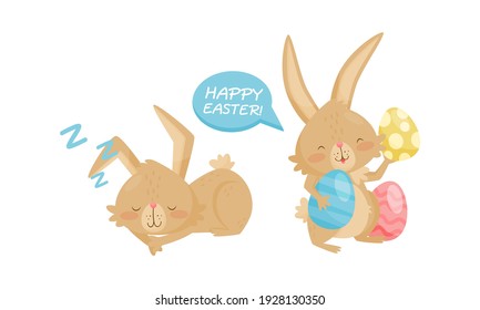 Cute Rabbit with Long Pointed Ears Sleeping and Holding Easter Eggs Vector Set