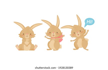 Cute Rabbit with Long Pointed Ears Waving Paw and Sitting Vector Set