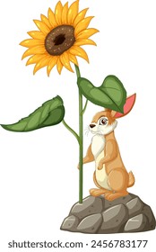 Cute rabbit looking up at a large sunflower