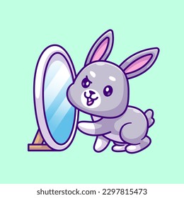 Cute Rabbit Looking At Mirror Cartoon Vector Icon Illustration. Animal Object Icon Concept Isolated Premium Vector. Flat Cartoon Style