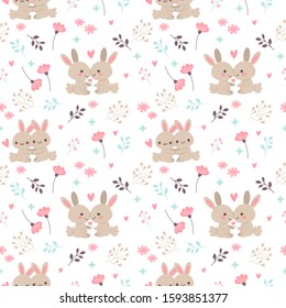 cute rabbit in love each other with flower and leaf for Valentine