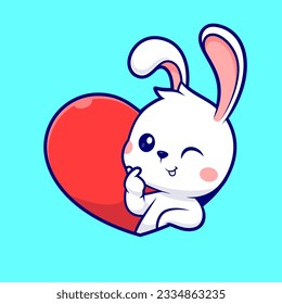 Cute Rabbit Love Heart Sign Cartoon Vector Icon Illustration. Animal Holiday Icon Concept Isolated Premium Vector. Flat Cartoon Style