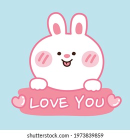 Cute rabbit with love you text on blue background.Cartoon character design.Image for kid product,cover book,sticker,shirt printing.Kawaii.Isolated.Vector.Illustration.Illustrator.