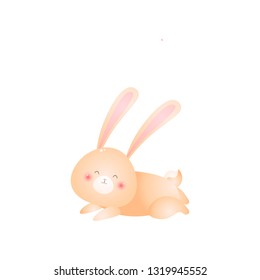 Cute rabbit lying on his stomach isolated on white background