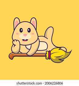 Cute rabbit lying on Magic Broom. Animal cartoon concept isolated. Can used for t-shirt, greeting card, invitation card or mascot.