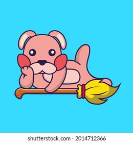 Cute rabbit lying on Magic Broom.
