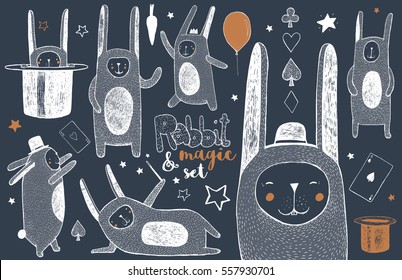 Cute Rabbit and Magic set. Original characters. Hand drawn illustrations for children's books or cards. White on dark background.