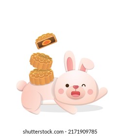 Cute Rabbit mascot character and traditional food and dessert for Mid-Autumn Festival: moon cake